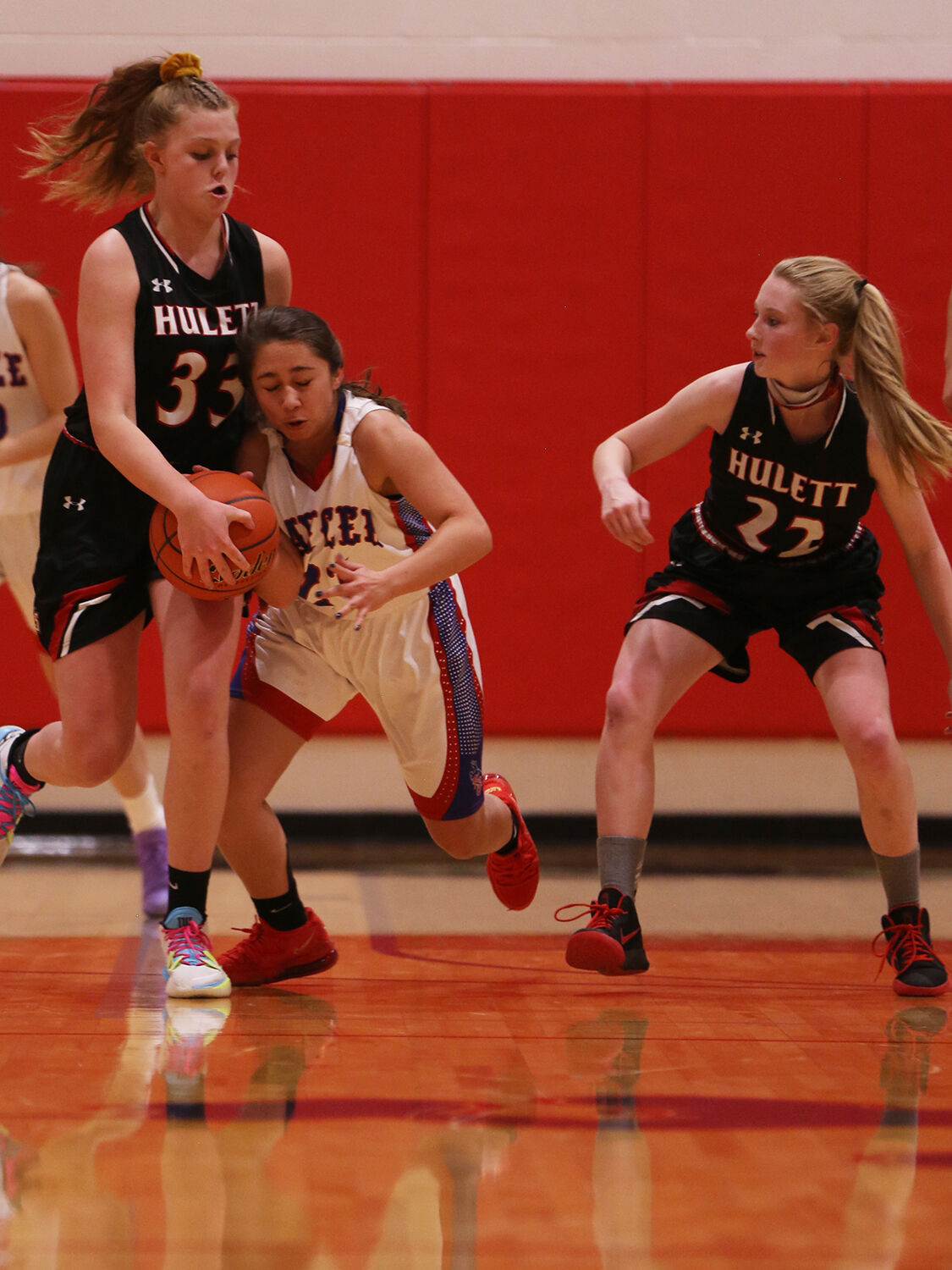 Mary Cleveland stole the ball away from Hulett freshman Ahnya Ivie-Moody